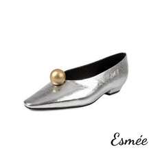 Load image into Gallery viewer, Silver-Leather-Flats-with-Golden-Sphere-Design-product-shots-white-background