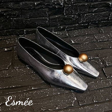 Load image into Gallery viewer, Silver-Leather-Flats-with-Golden-Sphere-Design-product-shots
