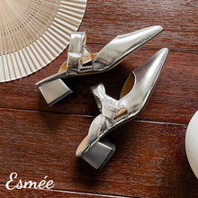 將圖片載入圖庫檢視器 Silver-Leather-High-Heel-Mules-with-Bow-Knot-Straps-product-shots