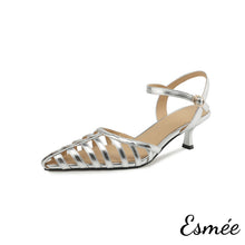 將圖片載入圖庫檢視器 Silver-Leather-High-Heel-Sandals-with-Roman-Design-product-shots-white-background
