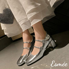 Load image into Gallery viewer, Silver-Leather-High-Heel_Maryjanes-with-Double-Rhinestone-Buckles-model-shots