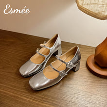 Load image into Gallery viewer, Silver-Leather-High-Heel_Maryjanes-with-Double-Rhinestone-Buckles-product-shots