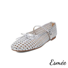 Load image into Gallery viewer, Silver-Leather-Maryjanes-with-Woven-Design-product-shots-white-background