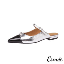 將圖片載入圖庫檢視器 Silver-Leather-Mules-with-Black-Toe-Cap-product-shots-white-background