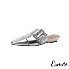 將圖片載入圖庫檢視器 Silver-Leather-Roman-Mules-with-Diamond-Buckle-product-shots-white-background