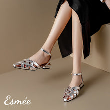 將圖片載入圖庫檢視器 Silver-Leather-Sandals-with-Woven-Design-and-Ankle-Straps-model-shots
