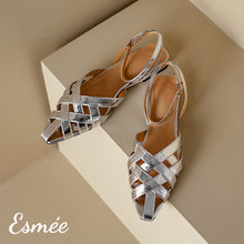 將圖片載入圖庫檢視器 Silver-Leather-Sandals-with-Woven-Design-and-Ankle-Straps-product-shots