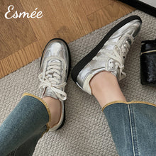 Load image into Gallery viewer, Silver-Leather-Sneakers-with-Lace-Pattern-model-shots