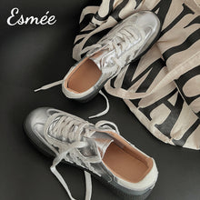 Load image into Gallery viewer, Silver-Leather-Sneakers-with-Lace-Pattern-product-shots