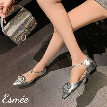 Load image into Gallery viewer, Silver-Leather-T-Straps-with-Rose-Bud-Design-model-shots
