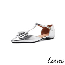 Load image into Gallery viewer, Silver-Leather-T-Straps-with-Rose-Bud-Design-product-shots-white-background