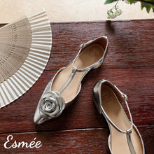 Load image into Gallery viewer, Silver-Leather-T-Straps-with-Rose-Bud-Design-product-shots