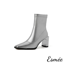將圖片載入圖庫檢視器 Silver-Metallic-Leather-Ankle-Boots-with-Thin-Block-Heels-product-shots-white-background