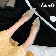 Load image into Gallery viewer, Silver-Patent-Leather-Flats-with-Rhinestone-Buckle-model-shots