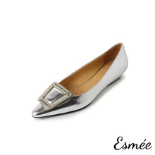 Load image into Gallery viewer, Silver-Patent-Leather-Flats-with-Rhinestone-Buckle-product-shots-white-background