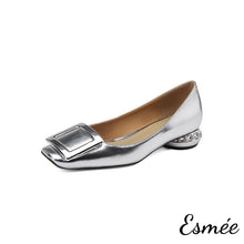 Load image into Gallery viewer, Silver-Patent-Leather-Low-Heels-with-Square-Buckle-and-Diamond-Heels-product-shots-white-background