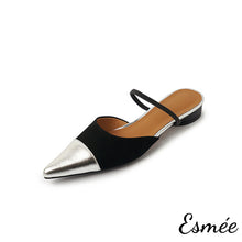 Load image into Gallery viewer, Silver-Suede-Flat-Mules-with-Metallic-Toe-Cap-product-shots-white-background