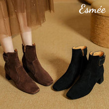 Load image into Gallery viewer, Suede-High-Heel-Ankle-Boots-with-Buckle-Design-product-shots