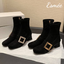 將圖片載入圖庫檢視器 Suede-High-Heel-Ankle-Boots-with-Rhinestone-Buckle-product-shots