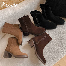 將圖片載入圖庫檢視器 Suede-High-Heel-Ankle-Boots-with-Side-Embroidery-Design-product-shots