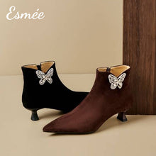 Load image into Gallery viewer, Suede-Pointed-Toe-Ankle-Boots-with-Rhinestone-Butterfly-Design-product-shots