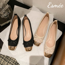 Load image into Gallery viewer, Tweed-Fabrics-Flats-with-Bow-Knot-and-Golden-Toe-Cap-product-shots