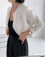 Load image into Gallery viewer, White-Korean-Textured-Tweed-Fabrics-Cropped-Jacket-model-shots-1
