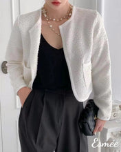 Load image into Gallery viewer, White-Korean-Textured-Tweed-Fabrics-Cropped-Jacket-model-shots