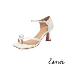 Load image into Gallery viewer, White-Patent-Leather-High-Heel-Sandals-with-Pearl-Design-product-shots-white-background