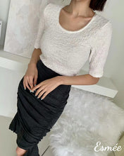 Load image into Gallery viewer, White-Textured-Cotton-Tee-with-Pearl-Design-Collar-model-shots-2