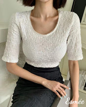 Load image into Gallery viewer, White-Textured-Cotton-Tee-with-Pearl-Design-Collar-model-shots