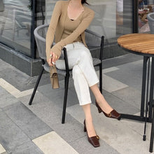 Load image into Gallery viewer, Brown-square-toe-leather-chunky-heels-model-shots