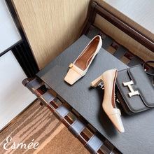 Load image into Gallery viewer, Beige-square-toe-leather-chunky-heels-product-shots