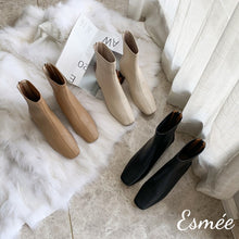 Load image into Gallery viewer, Beige-black-caramel-leather-boots-with-block-heels-product-shots