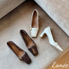 Load image into Gallery viewer, Beige-brown-square-toe-leather-chunky-heels-product-shots