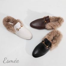 Load image into Gallery viewer, Black-white-brown-leather-mules-with-fur-product-shots