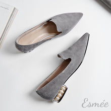 Load image into Gallery viewer, Grey-pointed-toe-suede-loafers-pearl-series-product-shots