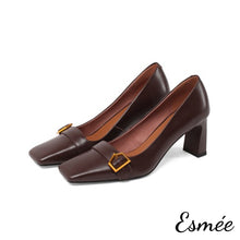 Load image into Gallery viewer, Brown-square-toe-leather-chunky-heels-product-shots-white-background