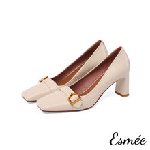Load image into Gallery viewer, Beige-square-toe-leather-chunky-heels-product-shots-white-background