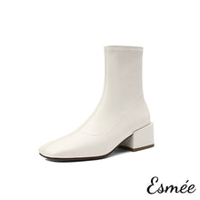 Load image into Gallery viewer, Beige-Leather-Ankle-Boots-with-5-cm-Block-Heels-product-shots-white-background
