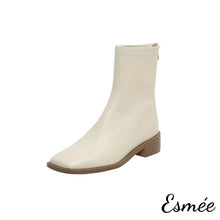 Load image into Gallery viewer, Beige-Leather-Ankle-Boots-with-Square-Toe-Design-product-shots-white-background