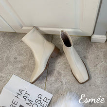 Load image into Gallery viewer, Beige-Leather-Ankle-Boots-with-Square-Toe-Design-product-shots