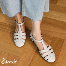 Load image into Gallery viewer, Beige-Leather-Flat-Roman-Sandals-model-shots