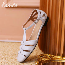Load image into Gallery viewer, Beige-Leather-Flat-Roman-Sandals-product-shots