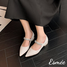 Load image into Gallery viewer, Beige-Leather-Flats-with-Diamond-Straps-model-shots