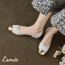 Load image into Gallery viewer, Beige-Leather-Flats-with-Gauze-Design-and-Golden-Toe-Cap-model-shots