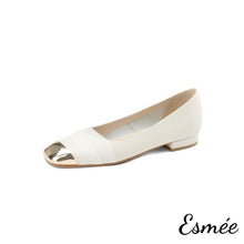 Load image into Gallery viewer, Beige-Leather-Flats-with-Gauze-Design-and-Golden-Toe-Cap-product-shots-white-background