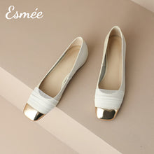 Load image into Gallery viewer, Beige-Leather-Flats-with-Gauze-Design-and-Golden-Toe-Cap-product-shots