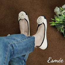 Load image into Gallery viewer, Beige-Leather-Flats-with-Rosebud-Design-model-shots