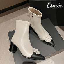 將圖片載入圖庫檢視器 Beige-Leather-High-Heel-Ankle-Boots-with-Rosebud-Design-product-shots